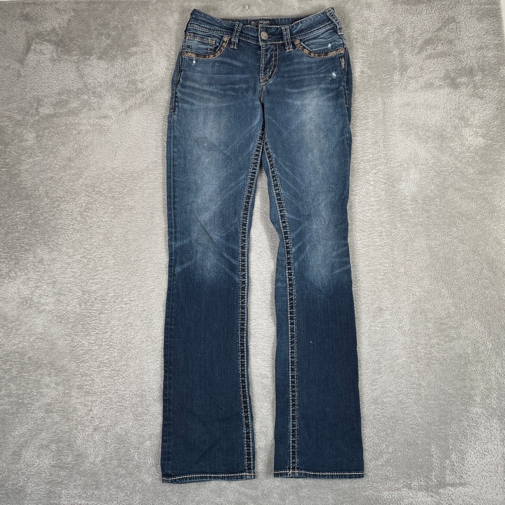 Silver Jeans Suki Slim Boot Womens 28x33 Blue Embroidered Flap Pocket Mid Rise